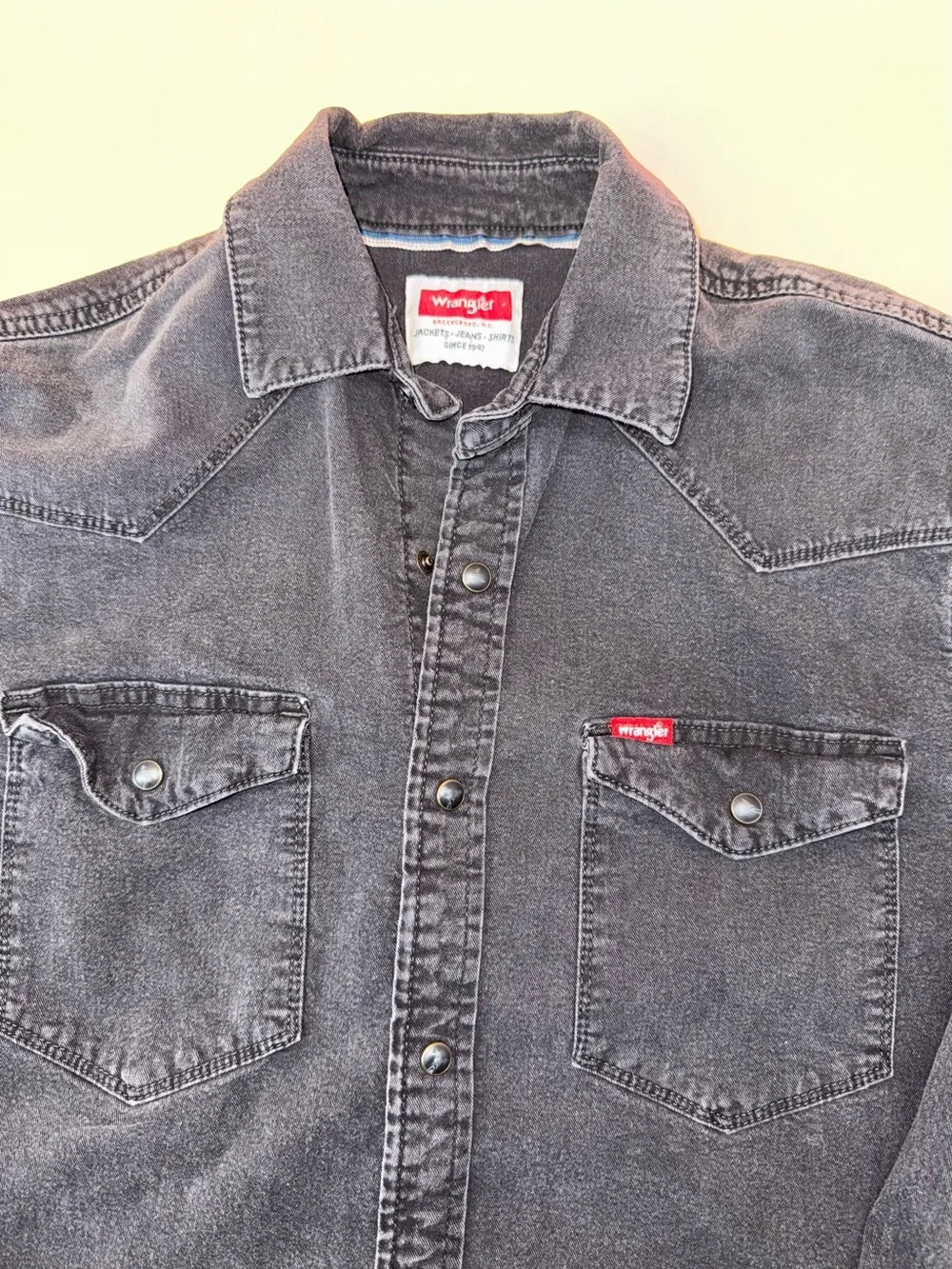 Wrangler Western Snap Button Utility Shirt Black Denim Cotton Long Sleeve
